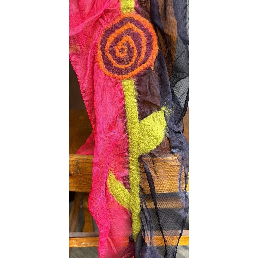 Felted Scarf: Handmade Multi-Colored Merino Wool and Silk Floral NWT ‎ 54x9